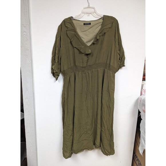 Bloomchic Size 18-20 Olive Green Dress Ruffle Collar Elastic Waist - Picture 1 of 6